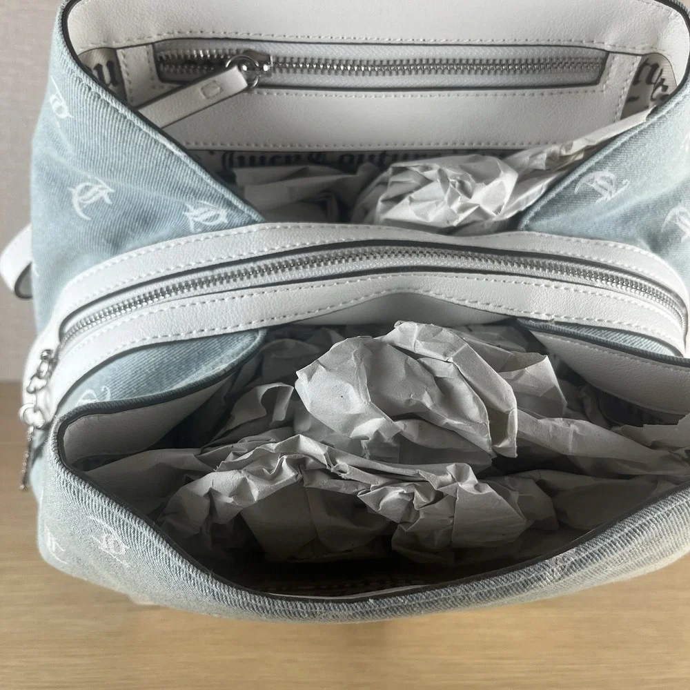 Juicy Couture Denim Monogram Back To Class Backpack RhinestoneLogo WhiteTrim NWT